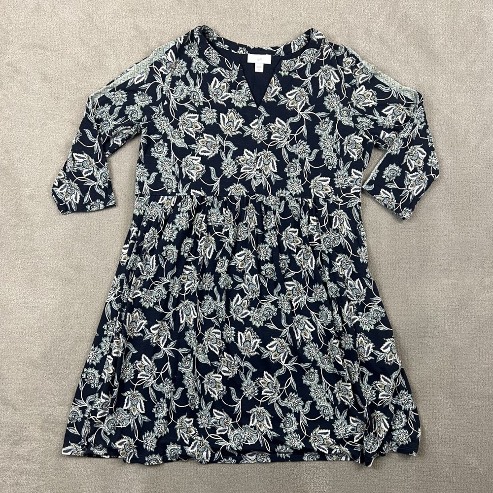 J. Jill Tunic Dress Womens XS Petite Navy Floral Empire Waist 3/4 Sleeve Boho